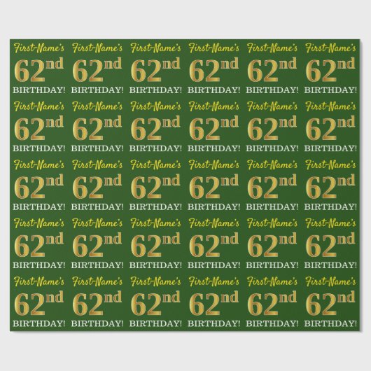 Papier Cadeau Vert, Imitation Or Look "62e anniversaire" (Plat)
