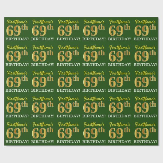 Papier Cadeau Vert, Imitation Or Look "69e anniversaire" (Plat)
