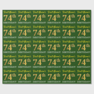 Papier Cadeau Vert, Imitation Or Look "74e anniversaire"