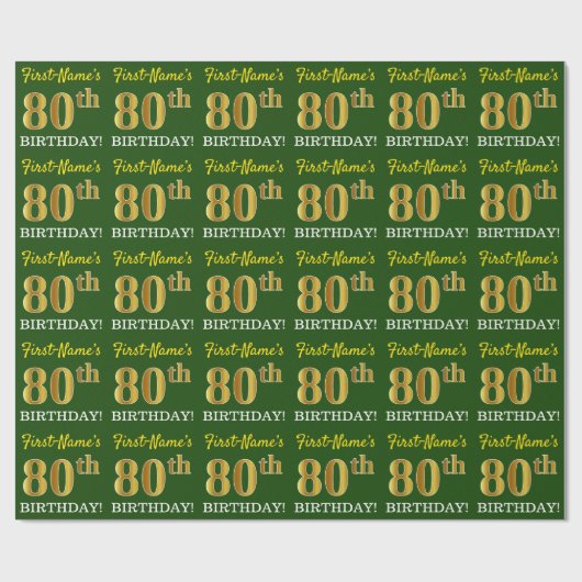 Papier Cadeau Vert, Imitation Or Look "80e anniversaire" (Plat)