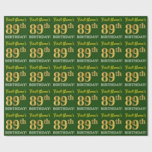 Papier Cadeau Vert, Imitation Or Look "89ème anniversaire" (Plat)