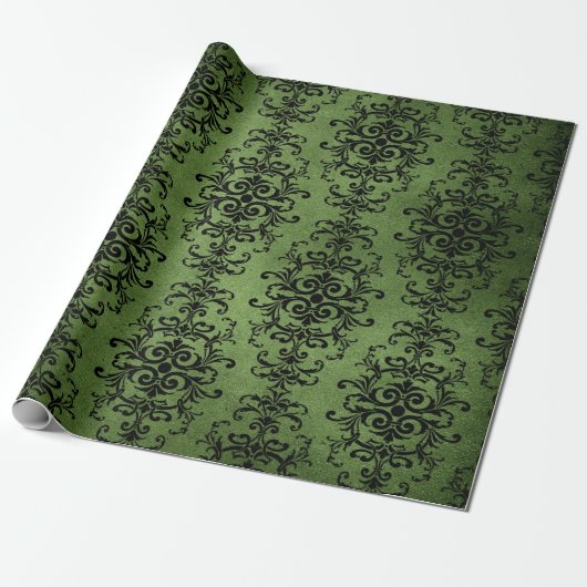 Papier Cadeau Vert Imprimé Damassé Rustique (Déroulé)