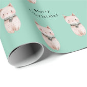 Papier Cadeau Vert Menthe Rouge Clair Chat Noël (Coin rond)