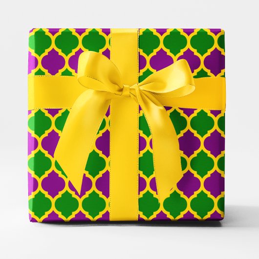 Papier Cadeau Vert or et violet Mardi Gras Quatrefoil