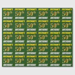 Papier Cadeau Vert, Or Faux/Imitation, "50e ANNIVERSAIRE"