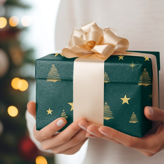 Papier Cadeau Vert Or moderne simple géométrique arbre de Noël