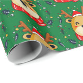 Papier Cadeau Vert renne de Noël mignon (Coin rond)