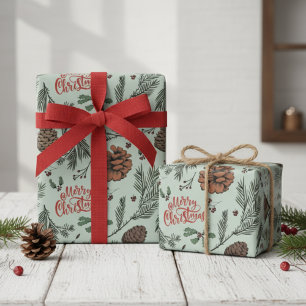 Papier Cadeau Vert Rustique Joyeux Noël Cône de Pin Houx Baie