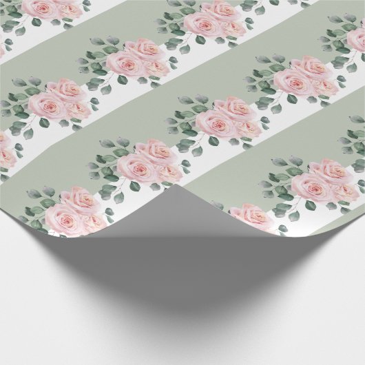 Papier Cadeau Vert sauge clair et roses à l'aquarelle rayées de  (Coin)