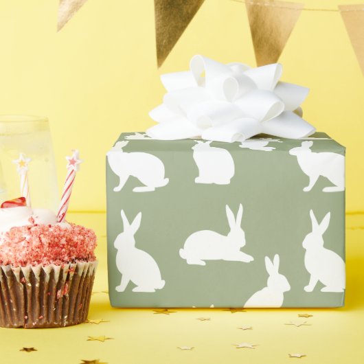 Papier Cadeau Vert Sauge Et Lapin Blanc Motif Pâques Mignon (Fête d'anniversaire)