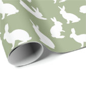 Papier Cadeau Vert Sauge Et Lapin Blanc Motif Pâques Mignon (Coin rond)