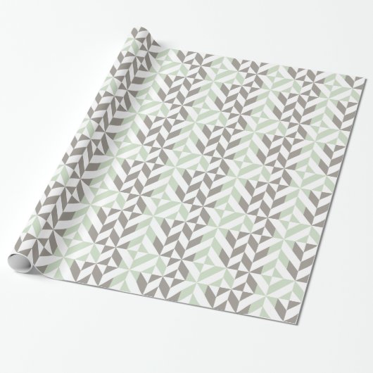 Papier Cadeau Vert sauge et zigzag géométrique d'argent (Déroulé)