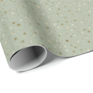 Papier Cadeau Vert sauge étoilé et motif hivernal doré