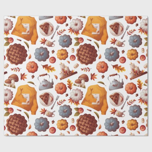 Papier Cadeau Vibes d'automne - Citrouilles, Pomme Pie, Champign (Plat)