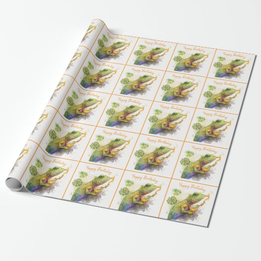 Papier Cadeau Vibes d'été Aquarelle Chameleon - Joyeux anniversa (Déroulé)