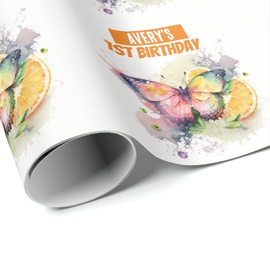 Papier Cadeau Vibes d'été Aquarelle papillon Anniversaire (Coin rond)