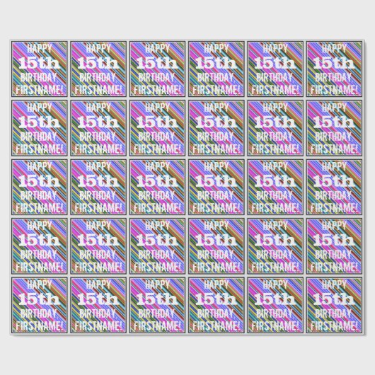 Papier Cadeau Vibrant, coloré 15ème anniversaire + Nom personnal (Plat)