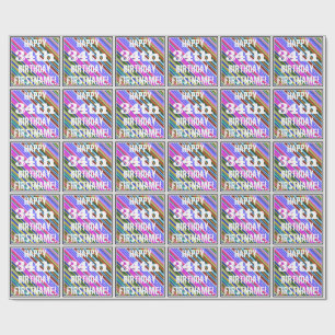 Papier Cadeau Vibrant, Coloré 34e Anniversaire + Nom Personnalis