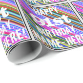 Papier Cadeau Vibrant, coloré 91e anniversaire + Nom personnalis (Coin rond)