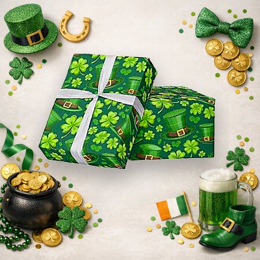 Papier Cadeau Vibrant Green Shamrock Leprechaun Pattern Art