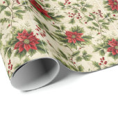 Papier Cadeau Vibrant Noël Rouge Poinsettia (Coin rond)