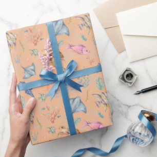 Papier Cadeau Vie océanique à l'aquarelle Orange clair texturé
