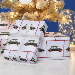 Papier Cadeau Vieille voiture avec arbre de Noël et chien