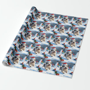 Papier Cadeau Vieux Chien de Berger Anglais courant dans la neig