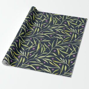 Papier Cadeau Vignes feuillues vertes sereines avec fleurs roses