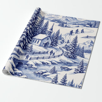 Papier Cadeau Village alpin d'hiver Toile Bleue Église enneigée