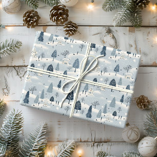 Papier Cadeau Village de Noël bleu moderne