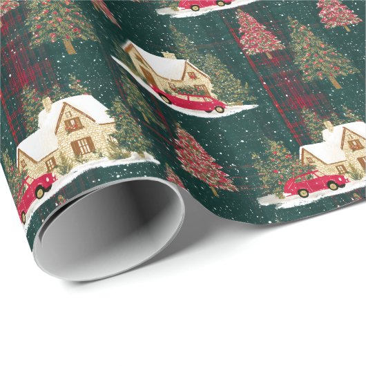 Papier Cadeau Village de Noël de la forêt verte et rouge (Coin rond)