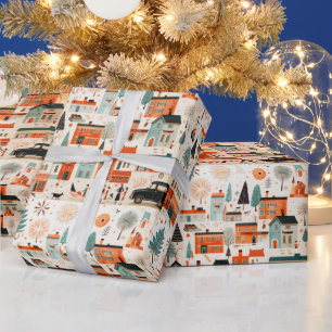 Papier Cadeau Village de Noël Mid Century Modern 