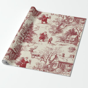 Papier Cadeau Village de Noël Toile Rouge Vintage - Père Noël