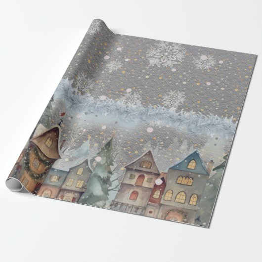 Papier Cadeau Village de Noël ultime Gris d'acier de neige (Déroulé)