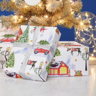 Papier Cadeau Village de Noël Vintage avec sapin de Noël