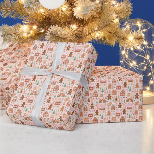 Papier Cadeau Village de pain d'épices rose enchanté - Cadeau de