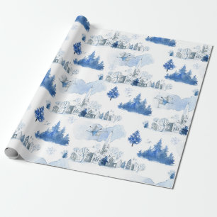 Papier Cadeau Village de souris bleu et blanc fantaisiste pour l