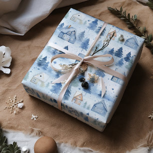 Papier Cadeau Village d'hiver Aquarelle Neige Blanc Noël