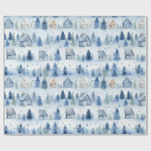 Papier Cadeau Village d'hiver Aquarelle Neige Blanc Noël (Plat)