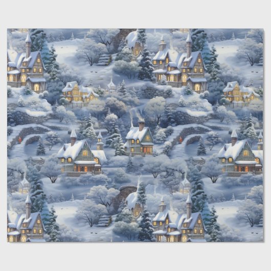 Papier Cadeau Village d'hiver Noël blanc (Plat)