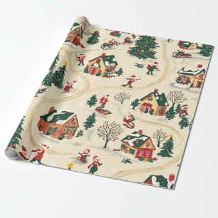 Papier Cadeau Village d'hiver nostalgique motif rouge vert or
