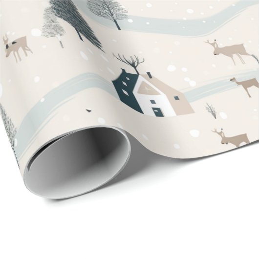 Papier Cadeau Village moderne de Noël bleu et Tan Snowy (Coin rond)