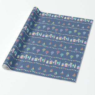 Papier Cadeau Ville côtière voiliers et décor de fanions motif b