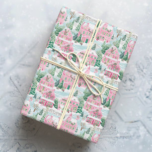 Papier Cadeau Ville de Noël rose neige