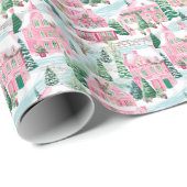 Papier Cadeau Ville de Noël rose neige (Coin rond)