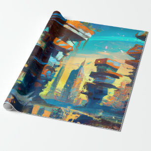 Papier Cadeau Ville dystopique futuriste, peinture générée par l