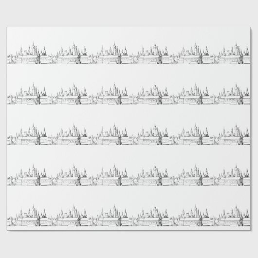 Papier Cadeau ville fabuleuse . artwork . noir et blanc (Plat)