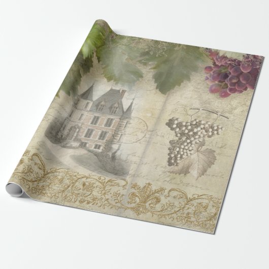Papier Cadeau Vin Script Ephemera Vignoble Château Français (Déroulé)