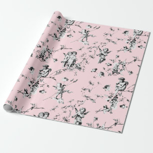 Papier Cadeau Vintage Angels Cupid Floral Noir Blanc Toile rose